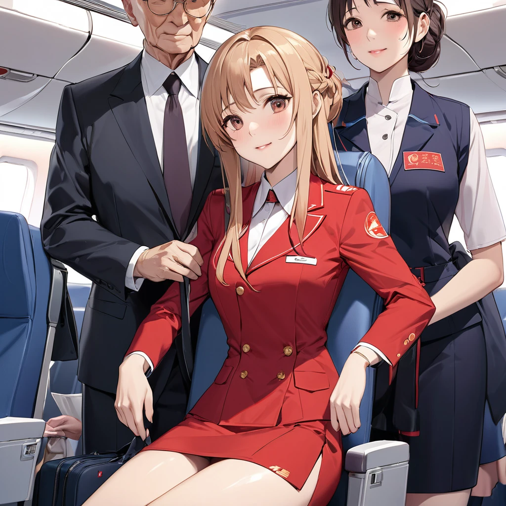 ((Highest quality)), ((masterpiece)), (detailed), (Perfect Face)、The woman is a Chinese flight attendant for Air China, named Yuuki Asuna, with light brown, medium-long hair.、The woman is wearing the red uniform of an Air China flight attendant.、The woman is a special flight attendant reserved for honorable members of the Chinese Communist Party, and is especially beautifully dressed to serve and be loved by the Communist Party members.、The woman was a first-class passenger, a dignified elderly man who was a member of the Chinese Communist Party, and was serving him with all her heart and soul.