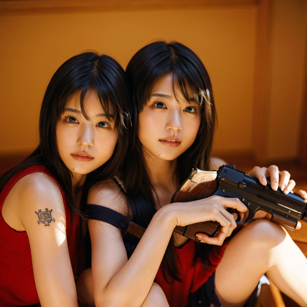 Identical twin sisters、Realistic、Realistic skin texture、Automatic rifle、tattoo