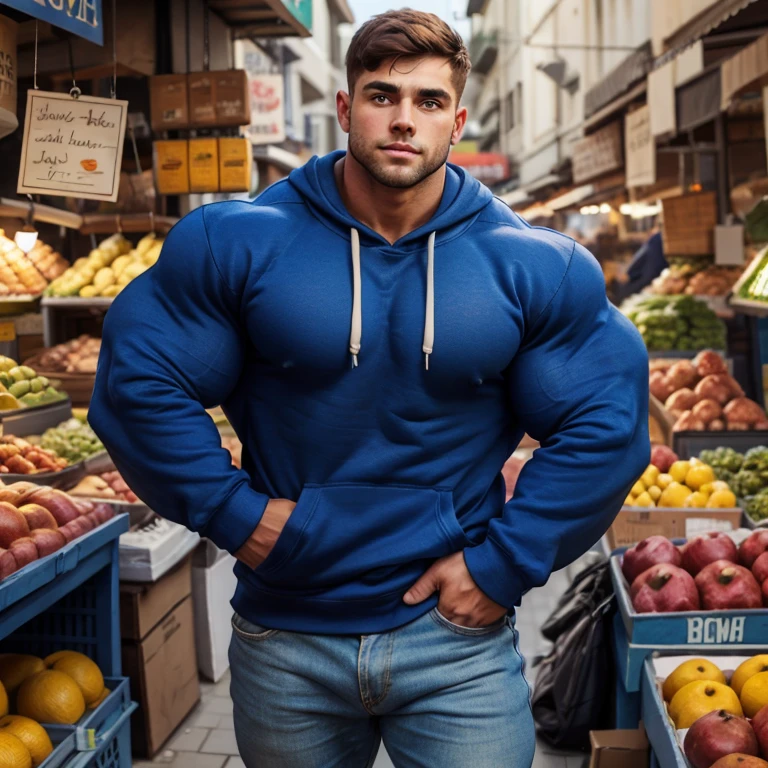 a young man, big eyes, short hair, wearing a tight simple blue sweatshirt with long sleeves, massively muscular, with massively large muscles, with his hands in his pockets, leaning against the wall of a market