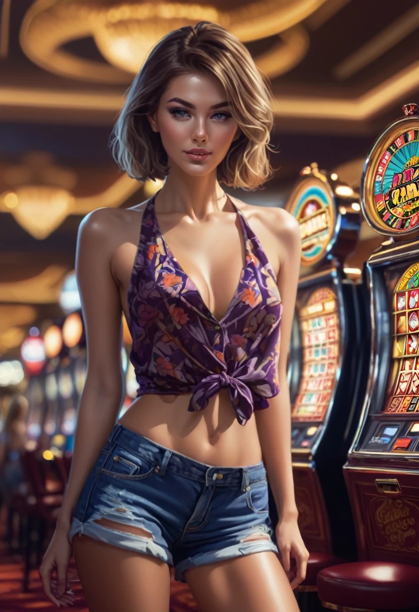 sexual woman in short shorts and a top play casino slots