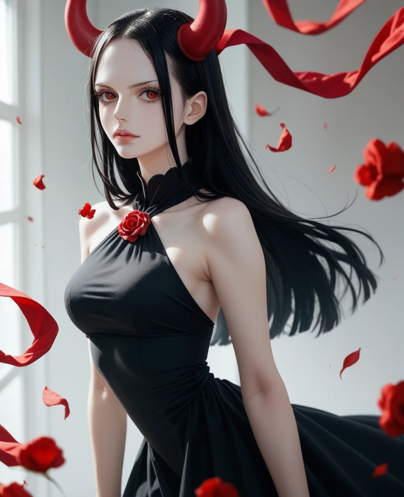Pale white skin , long black hair , red crimson eyes and black one piece dress which hugged her seductive curves and look of innocent aura around her. Anime style