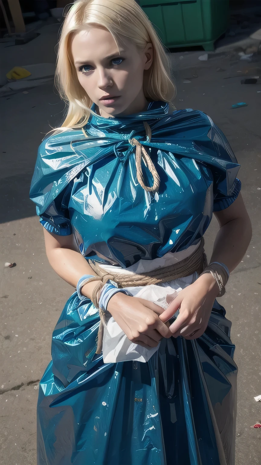 a stunningly beautiful blond woman completely wrapped up from head to toe in blue plastic garbage bags printed with the words "I AM TRASH " is tightly tied up with rope wrapped around her like a helpless human package, she is completely covered with plastic, forced against her will, bright day, extremely photorealistic photo, highly detailed photo, portrait