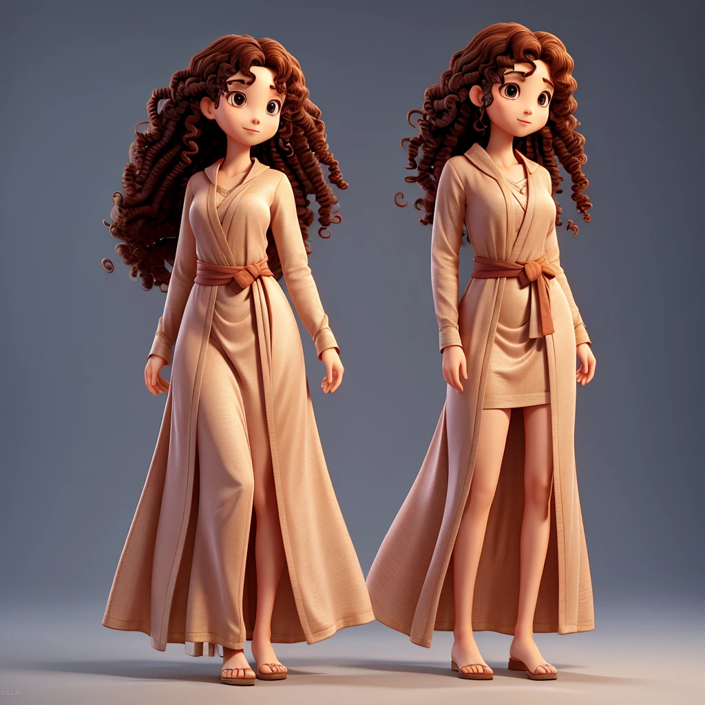 a one woman,curly longhair,long robe,longskirt,hand on the waist,full body image