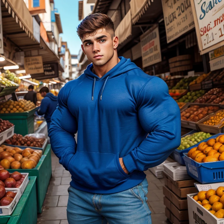 a young man, big eyes, short hair, wearing a tight simple blue sweatshirt with long sleeves, massively muscular, with massively large muscles, with his hands in his pockets, leaning against the wall of a market