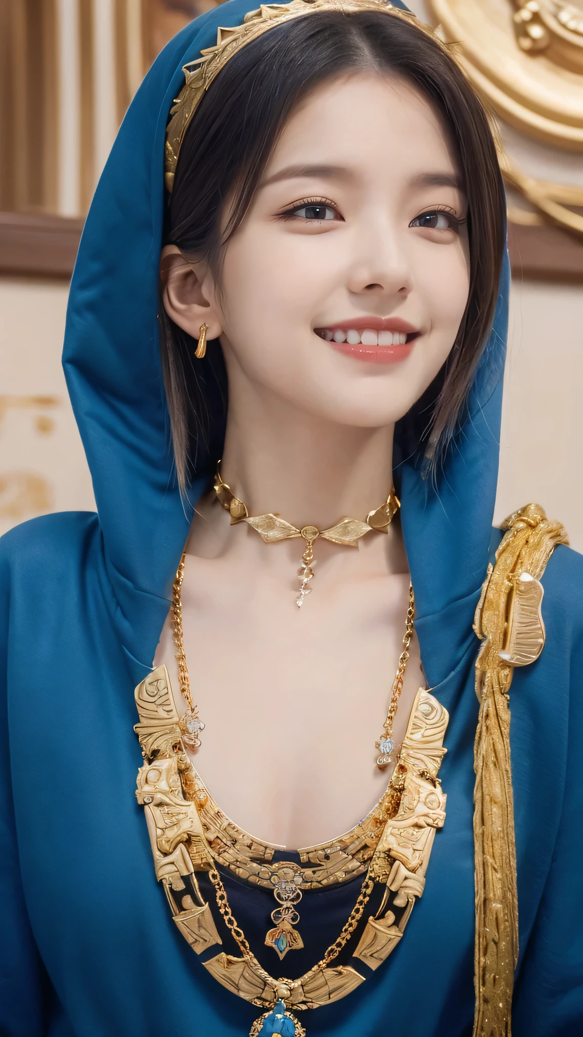 (masterpiece, best quality),  intricate details,, 1girl,     Gura, multicolored hair, blue eyes, shark hair ornament, gold hair ornament, gold choker, gold bracelet, sharp teeth, grin, blue hoodie,,  greek clothes, peplos,