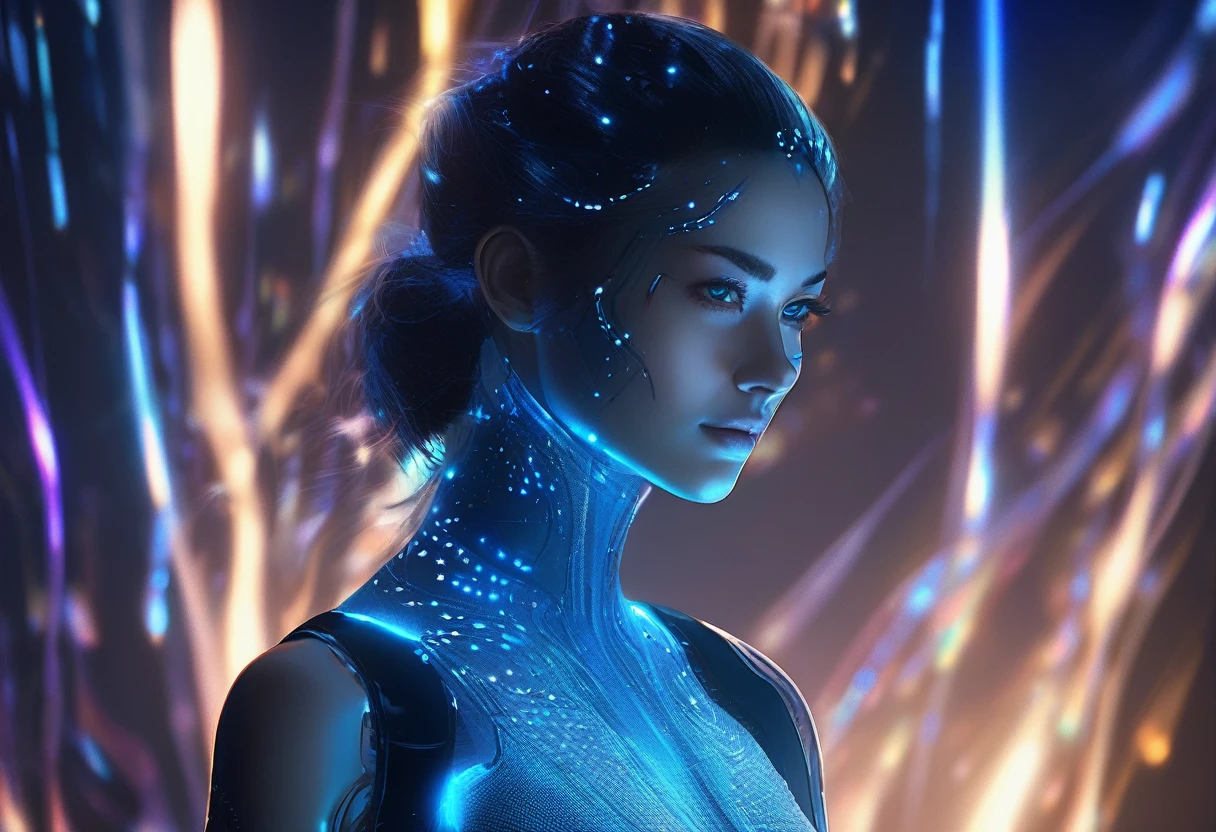 A digital portrait of a serene woman with aqua eyes, The woman has a futuristic aura with body and multiple layers of hyalinize clothing made out of glowing blue dots and connecting lines, on a smooth dark background, suggesting advanced holographic technology. --ar 3:4 --niji 6 --stylize 1000