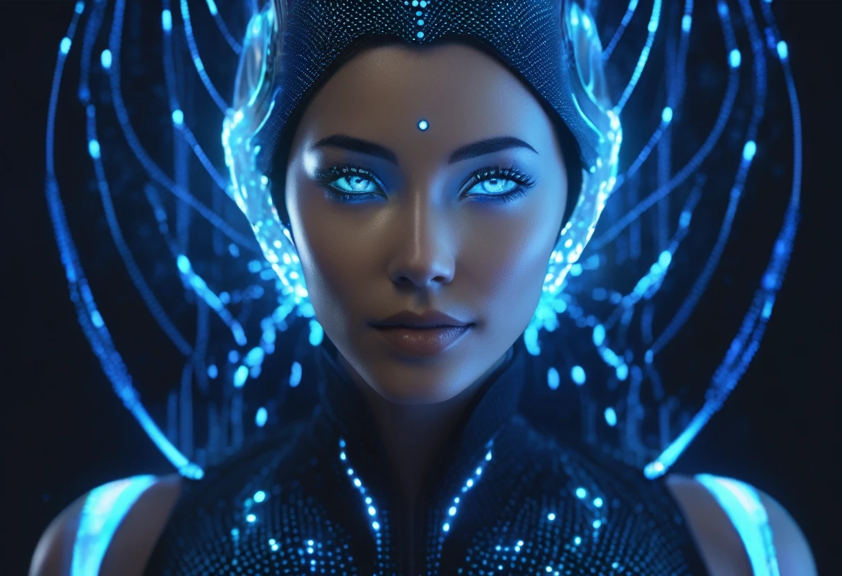 A digital portrait of a serene woman with aqua eyes, The woman has a futuristic aura with body and multiple layers of hyalinize clothing made out of glowing blue dots and connecting lines, on a smooth dark background, suggesting advanced holographic technology. --ar 3:4 --niji 6 --stylize 1000