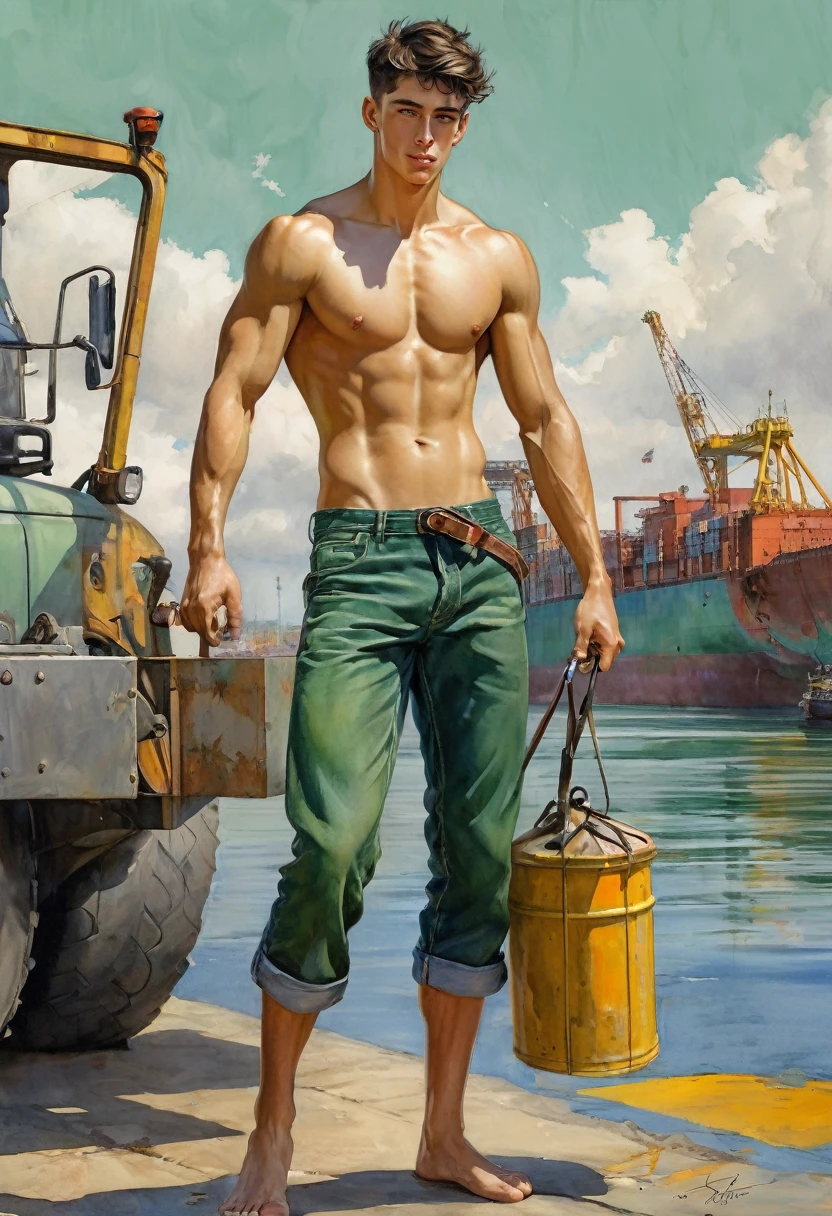 ((images that reflect the strength and masculinity of European workers in various physical tasks)):
Energy
BTransporte de Materiales
Fondo de la imagen: Plataforma petrolera con grúas y contenedores.
Posición de las piernas: Separadas para mantener el equilibrio.
Posición de los brazos: Levantando un barril de petróleo con ambas manos.
Acción que se realiza: Cargando materiales pesados.
Paleta de colores: Tonos oscuros y metálicos.
Expresión facial: Esforzada y determinada.
r. Kevin Sloan an roberto ferri style..., neutral soft colors., 8k resolution, full body, handsome, In the artistic style of norman rockwell, splendid naked, thin and ripped body, detailed realistic muscles, swimming suit, 20 years old. full body, male model. black hair, green eyes, male gaze. handsome. bodybuilder swimsuit, romanticism, symbols and metaphors. Beautiful details, quirky, distinctive images, stylistically diverse painting, Intricate detailsfull body, 20 years old man, shirtless, barefoot, wearing jeans, wearing a toe ring beautifull, gorgeous, perfect realistic detailed muscles, muscled legs, adorable face, taller, masculine gaze, confident look, soft perfect white skin, barefoot, blue eyes, perfect anatomy, portrait, a painting of a young man Pencil Sketches by Albert Eckhout enchanting young man, highly detailed beautyfull face, freedom, soul, digital illustration, approaching perfection , dynamic, highly detailed, watercolor painting, artstation, concept art, smooth, sharp focus, illustration in the style of artists like Russ Mills, Sakimichan, Wlop, Loish, Artgerm, Darek Zabrocki, and Jean-Baptiste Monge (homoerotism_fullbody_nsfw_seductive