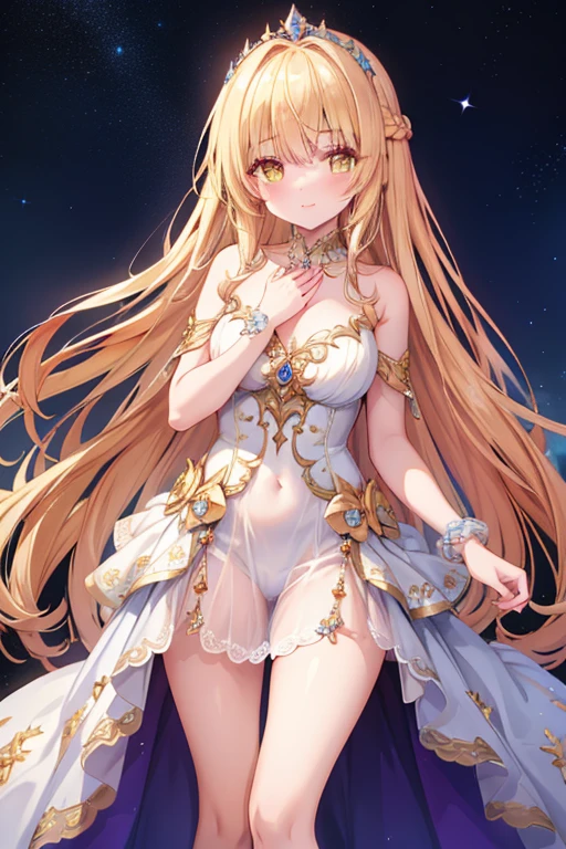 Mahiru shiina, , blonde, (Yellow Eyes:1.3)、Braided long hair,,blush,smile,Beautiful views, Attractive thighs、Beautiful bare legs, //Character
1girl,
BREAK
//Fashions 
Celestial Goddess,
Inspired by the beauty and majesty of the cosmos, this costume exudes ethereal elegance and celestial charm, The ensemble features a flowing gown in shimmering shades of midnight blue, purple, or silver, reminiscent of the starry night sky, The gown is adorned with glittering sequins, beads, and celestial motifs, evoking the splendor of distant galaxies and constellations, 
BREAK
Pair the gown with delicate celestial accessories such as a sparkling tiara or a crescent moon necklace, adding a touch of celestial magic to the ensemble, Complete the look with flowing hair styled in loose waves or intricate braids, reminiscent of a celestial goddess descending from the heavens, This costume is perfect for fantasy-themed events, cosmic masquerades, or anyone who wants to shine like a star,
BREAK、I can see your Pantastar piece.:1.2), highest quality, High resolution, unity 8k wallpaper, (shape:0.8), (Beautiful and beautiful eyes:1.6), Highly detailed face, Perfect lighting, Highly detailed CG, (Perfect hands, Perfect Anatomy),