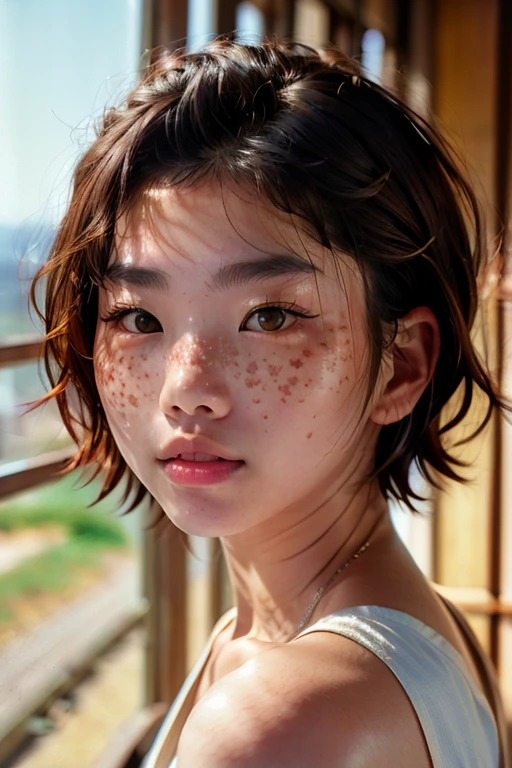 a beautiful japanese college girl with some freckles on her face inspired by hamada hideyaki shot by contax g1 with portra 800 film roll, ((short hair)), ((medium shot:1.5)), ((45 degree view:1.3))