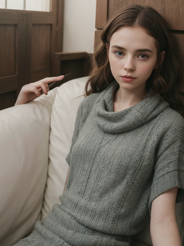 Sophia Lillis,beautiful, elegant, Open your  mouth,, Long braids,full body ,gray sweater,black dress,Relaxed atmos,Old Polaroid Film、summer,beautiful fern,A rich variety of colors、Color、cute,ukraine,