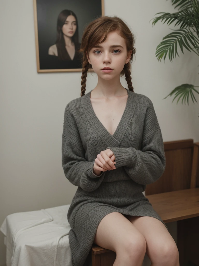 Sophia Lillis,beautiful, elegant, Open your  mouth,, Long braids,full body ,gray sweater,black dress,Relaxed atmos,Old Polaroid Film、summer,beautiful fern,A rich variety of colors、Color、cute,ukraine,