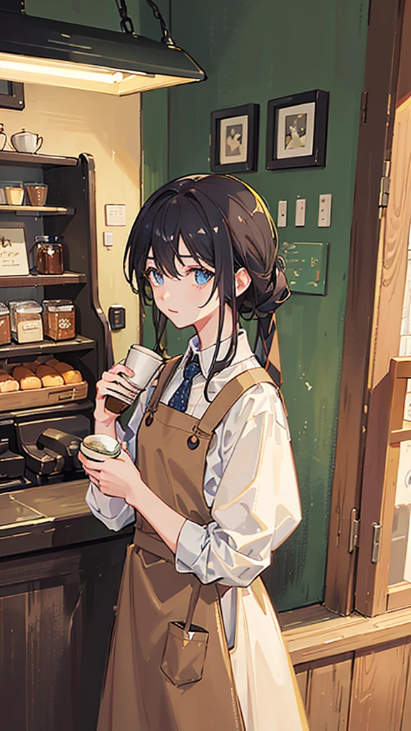 (Highest quality)), ((masterpiece)), (detailed),The background is Cafe、Holding a cup in his hand、Coffee shop manager、A man around 35 years old、A man with waist-length black hair tied back、Wearing a white shirt、Wearing a brown apron,Eye color is calm blue、Location: Inside a stylish cafe。