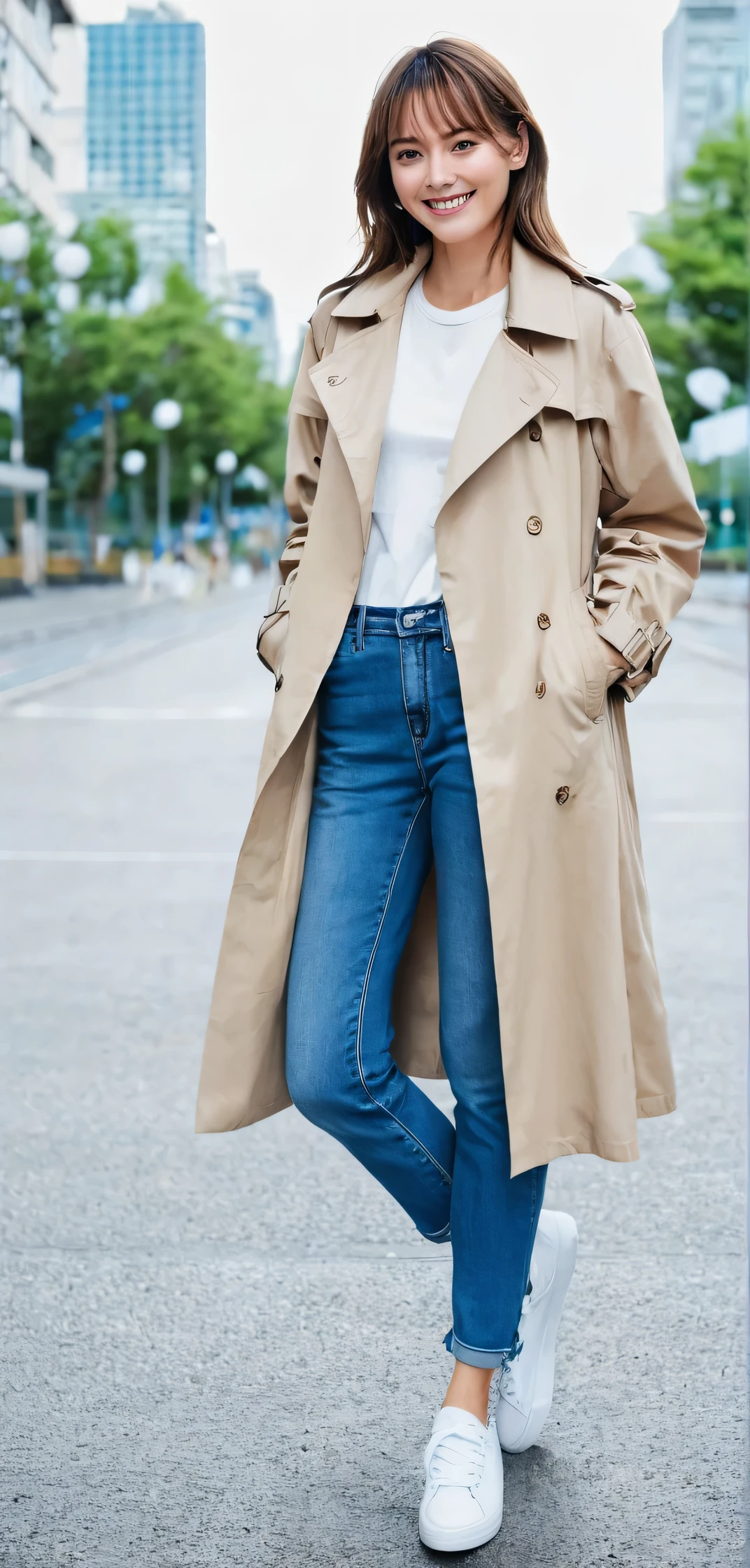 Standing woman、charm, Sports competitions, Well-proportioned body, smile、Foreign women、blue eyes、,、 trench coat、Skinny jeans、sneakers、 白いsneakersを履いている, Looking into the camera,
