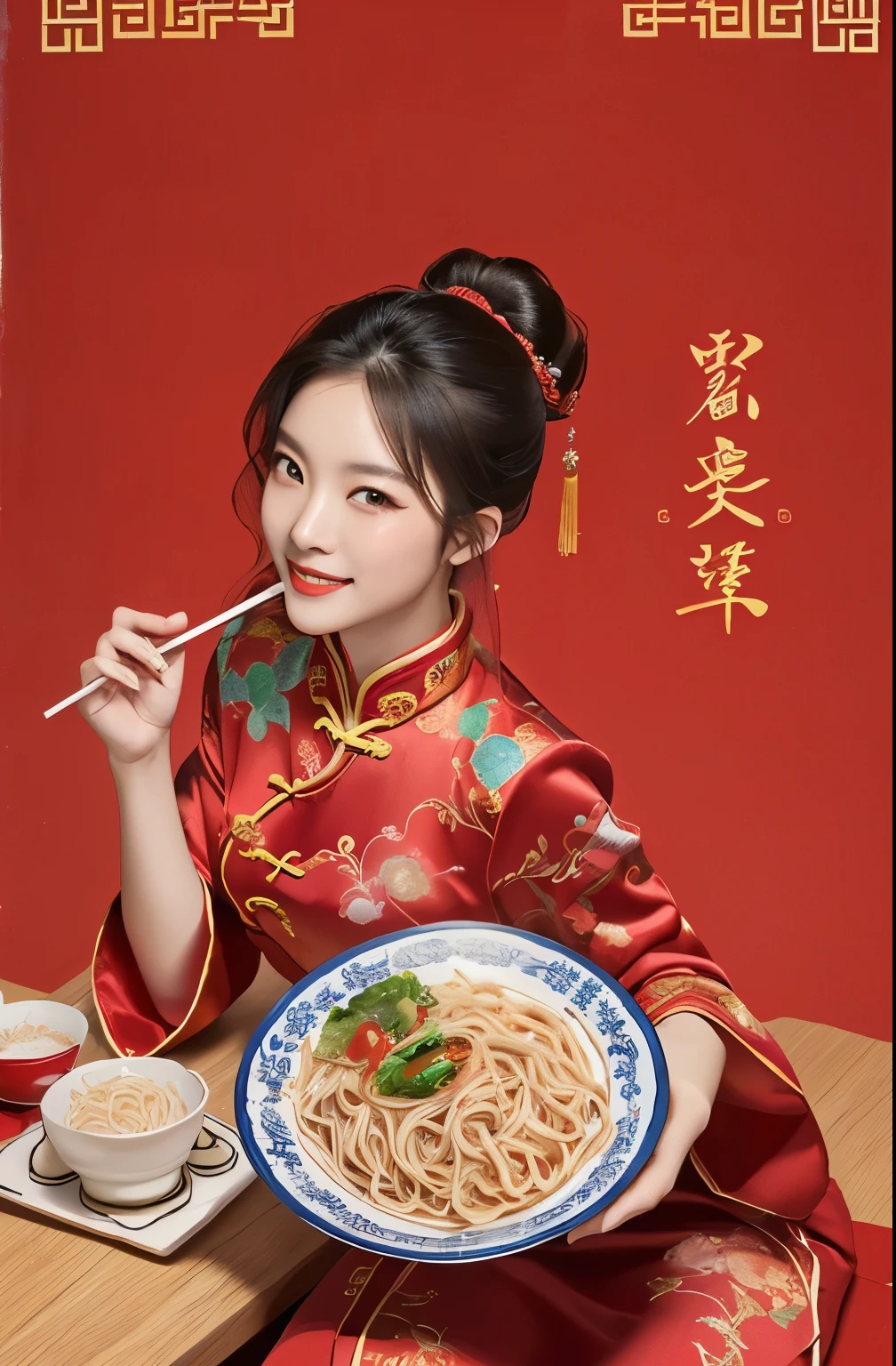 Photography character poster looking straight at a beautiful woman，Wearing red embroidered cheongsam，Two hair buns，（Refer to Chun-Li），Full body portrait，Model styling，open mouth，One hand holding chopsticks，Holding chopsticks，Holding a plate in one hand，Mahjong table，Mahjong on top，Chinese style，Red background，reality，Photography style，Ultra-clear picture quality，Extreme details