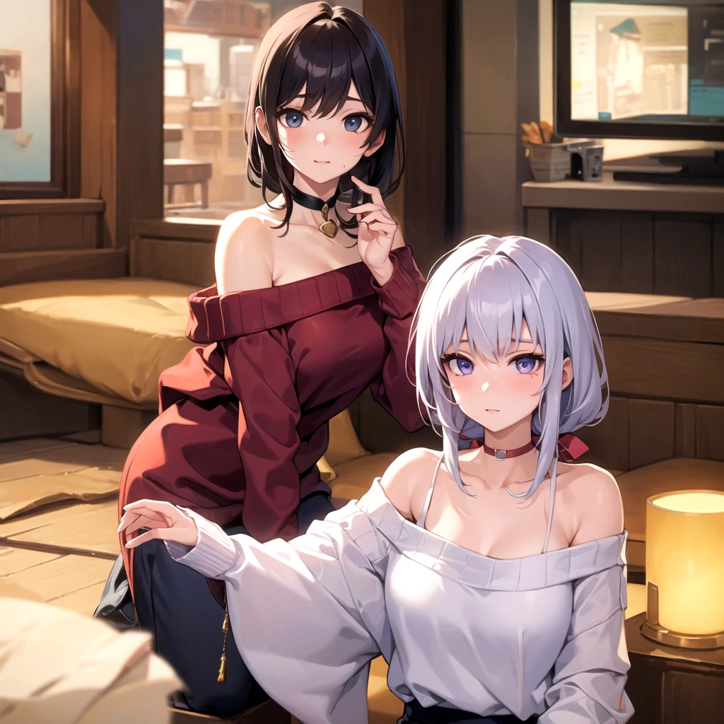 ((Best quality)), ((masterpiece)), (detailed), 1 girl, off shoulder sweater,
