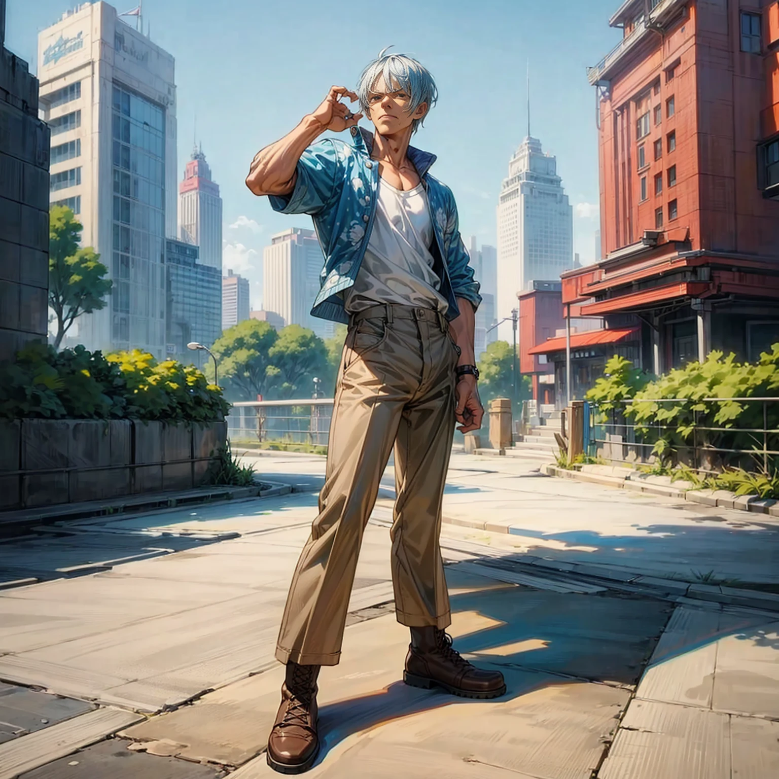 Solo character, old man, muscle, Full body version, blue half white colour hair, short haircut, casual outfit, brown trousers, boots, outdoor, park, city, sky blue, standing gesture, (one piece style art), detailed clothing, detailed hair, detailed background 