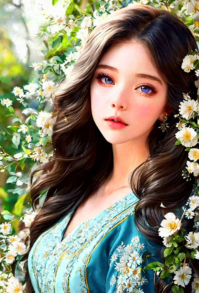 Girl looking down, wind, particle, Intricate and detailed natural backgrounds, bright mood, upper body, (best quality, masterpiece:1.2), 1 woman, detailed eyes, detailed lips, very detailed face, long eyelashes, wind blowing hair, tranquil expression, colorful flowers, lush foliage, sunlight filtering through leaves, warm color palette, soft lighting, cinematic composition, realistic, intricate details