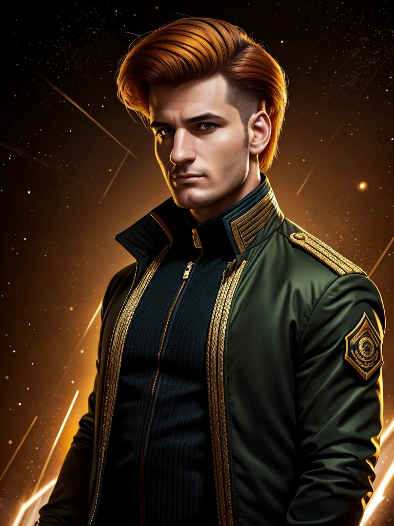 A vector cartoon illustration style, a character photo portrait of a Georgian man with amber hair Flaunting a tailored, military-inspired jacket with gold braiding and coordinating pants, unsplash, light and space, dramatic light on face, realistic face moody lighting, light falling on face