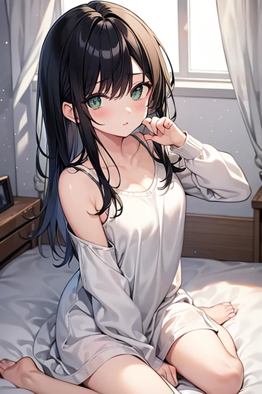 high quality, 最high quality、 Stylish design, (((The cutest girl))), ((Thin legs))、(((最high quality))), High resolution, ((detailed)), ((masterpiece)), ((Super detailed)), 、Landmine Fashion、Black Hair、Inner Color、((Lying on your back in bed)),((Sexual))