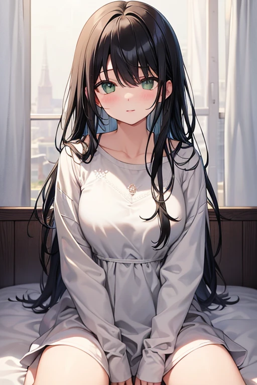 Bedroom、Sit on the bed、Green Eyes、Black Hair、Clear Eyes、Gaze Here