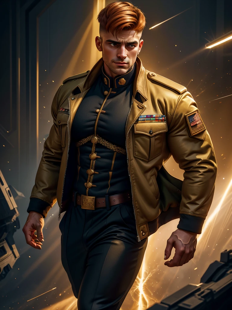 A vector cartoon illustration style, a character photo portrait of a Georgian man with amber hair Flaunting a tailored, military-inspired jacket with gold braiding and coordinating pants, unsplash, light and space, dramatic light on face, realistic face moody lighting, light falling on face