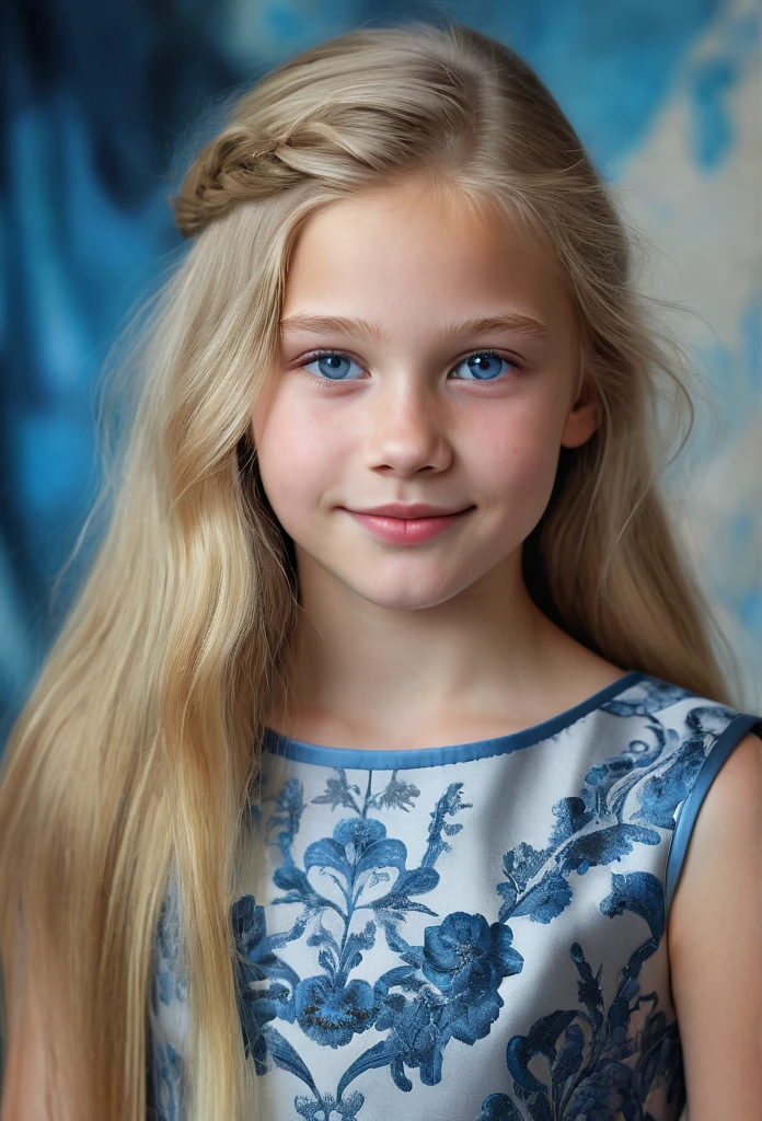 Portrait of a Norwegian beautiful tween, intricate dress, soft smile, huge natural lips, long blonde hair, blue-grey eyes, realism, digital painting, concept art, smooth, sharp focus, rule of thirds, Style-Psycho