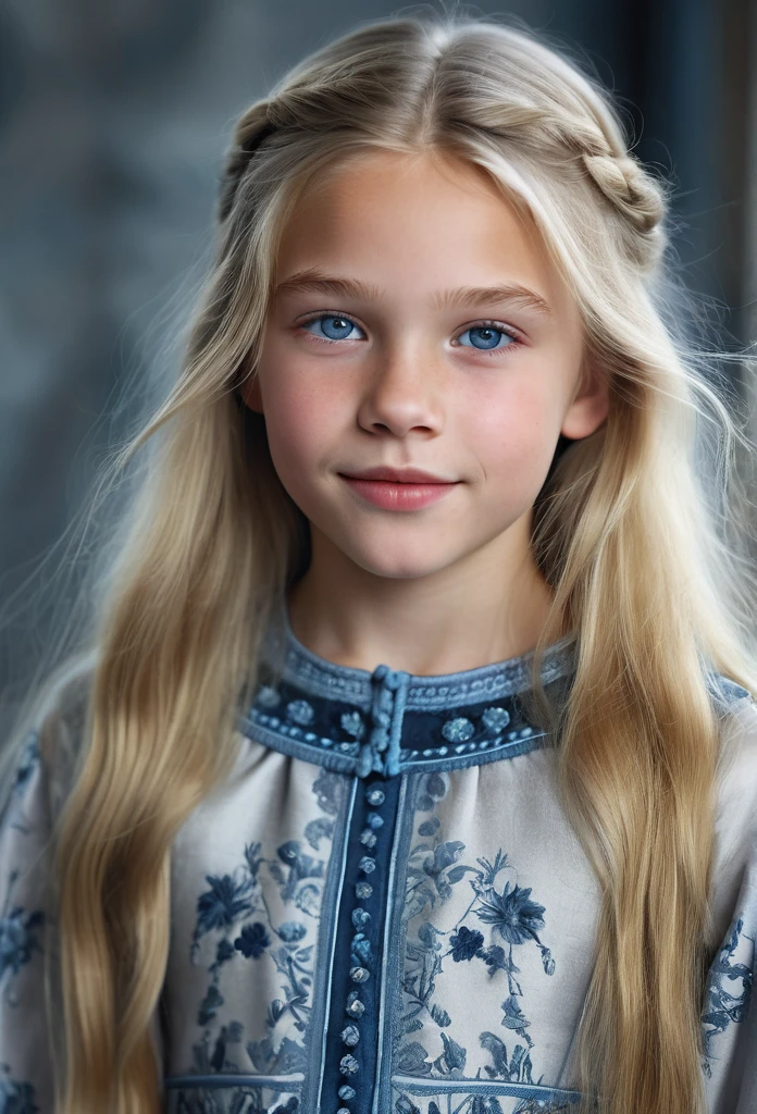 Portrait of a Norwegian beautiful tween, intricate dress, soft smile, huge natural lips, long blonde hair, blue-grey eyes, realism, digital painting, concept art, smooth, sharp focus, rule of thirds, Style-Psycho