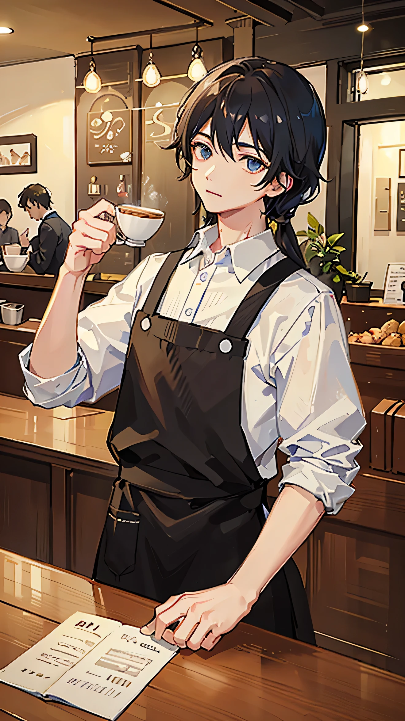 (Highest quality)), ((masterpiece)), (detailed),The background is Cafe、Holding a cup in his hand、Coffee shop manager、A man around 35 years old、A man with waist-length black hair tied back、Wearing a white shirt、Wearing a brown apron,Eye color is calm blue、Location: Inside a stylish cafe。