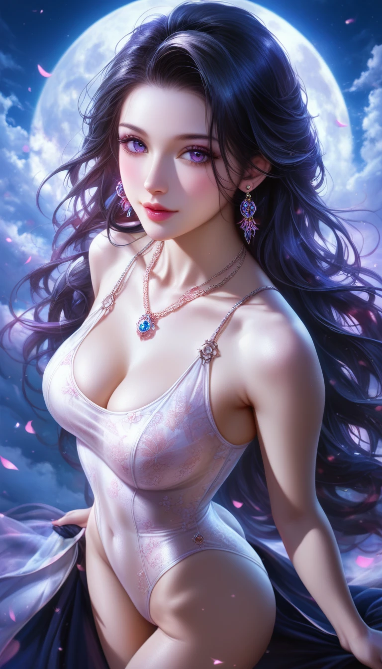 score_9, score_8_superior, score_7_superior, A masterpiece in 32K resolution,Highest quality,it is really amazing,Very detailed,Ultra-high resolution,Ultra-realistic,Realistic,Increased depth of field,Cinematic lighting,
Elegant Japanese woman,
Straight long hair with black hair,Ultra-detailed and beautiful face,Gentle expression,Translucent white skin,Realistic skin texture,
Sexy high leg swimsuit,
Bold design,Artistic design,Beautiful and detailed pattern,Detailed fabric texture,
Gorgeous necklace,Earrings,
Coastline at night,Giant Moon,Dark clouds floating in the dark night sky,
High angle,