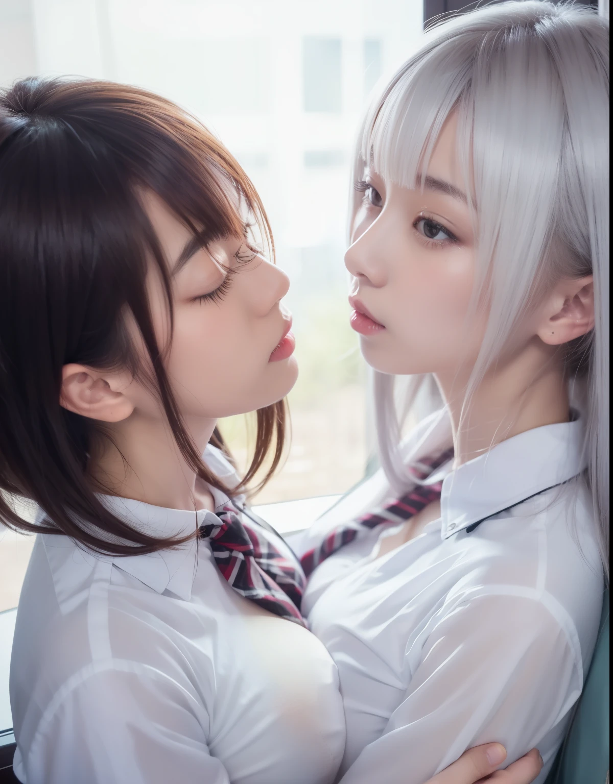 a park、2girls、（embracing each other）（Beautiful lesbian kiss）、（kiss）、（Lips touch）、Colossal tits:2.0、、（full naked1.0）、White panties、((White stockings))、（Chest facing the camera）