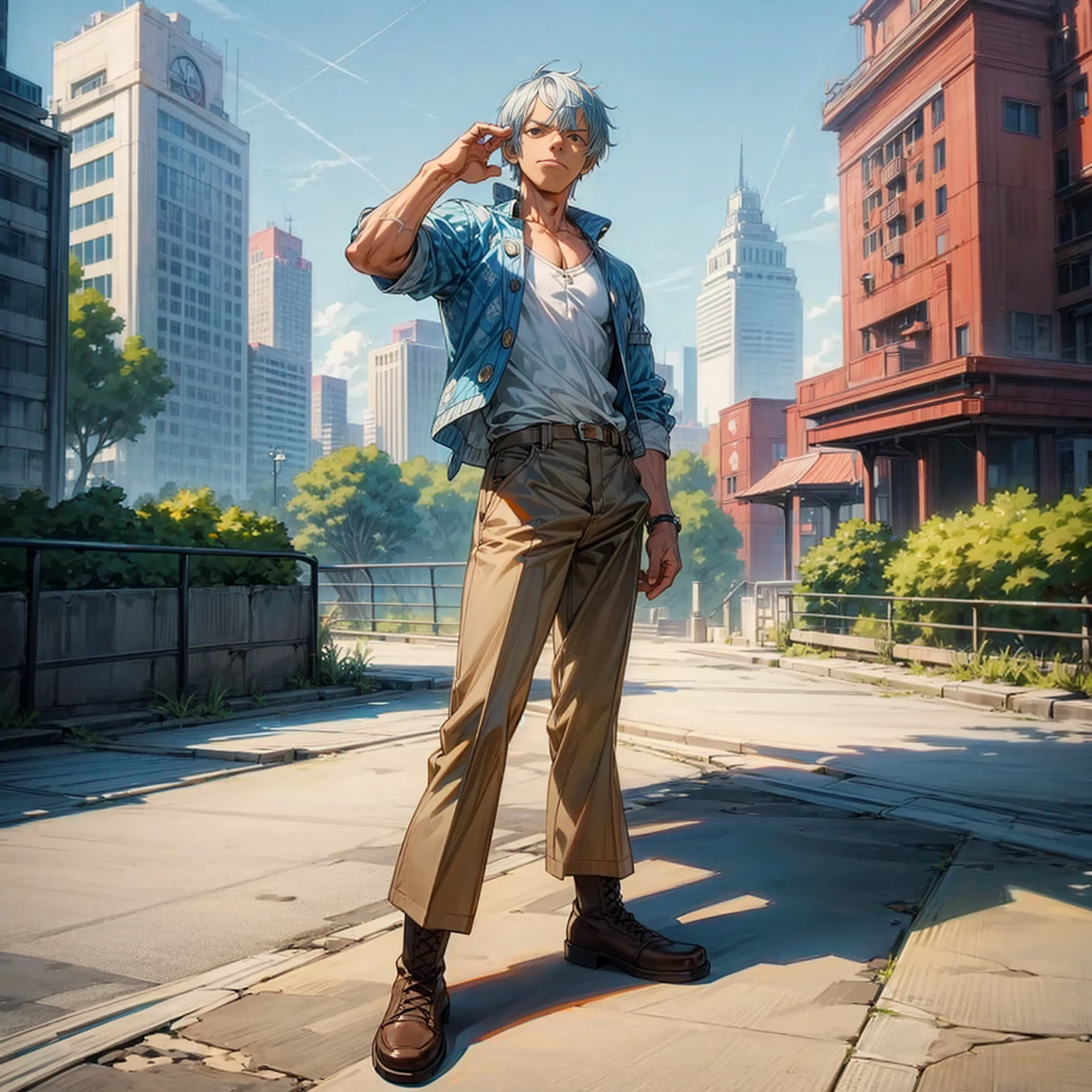 Solo character, old man, muscle, Full body version, blue half white colour hair, short haircut, casual outfit, brown trousers, boots, outdoor, park, city, sky blue, standing gesture, (one piece style art), detailed clothing, detailed hair, detailed background 