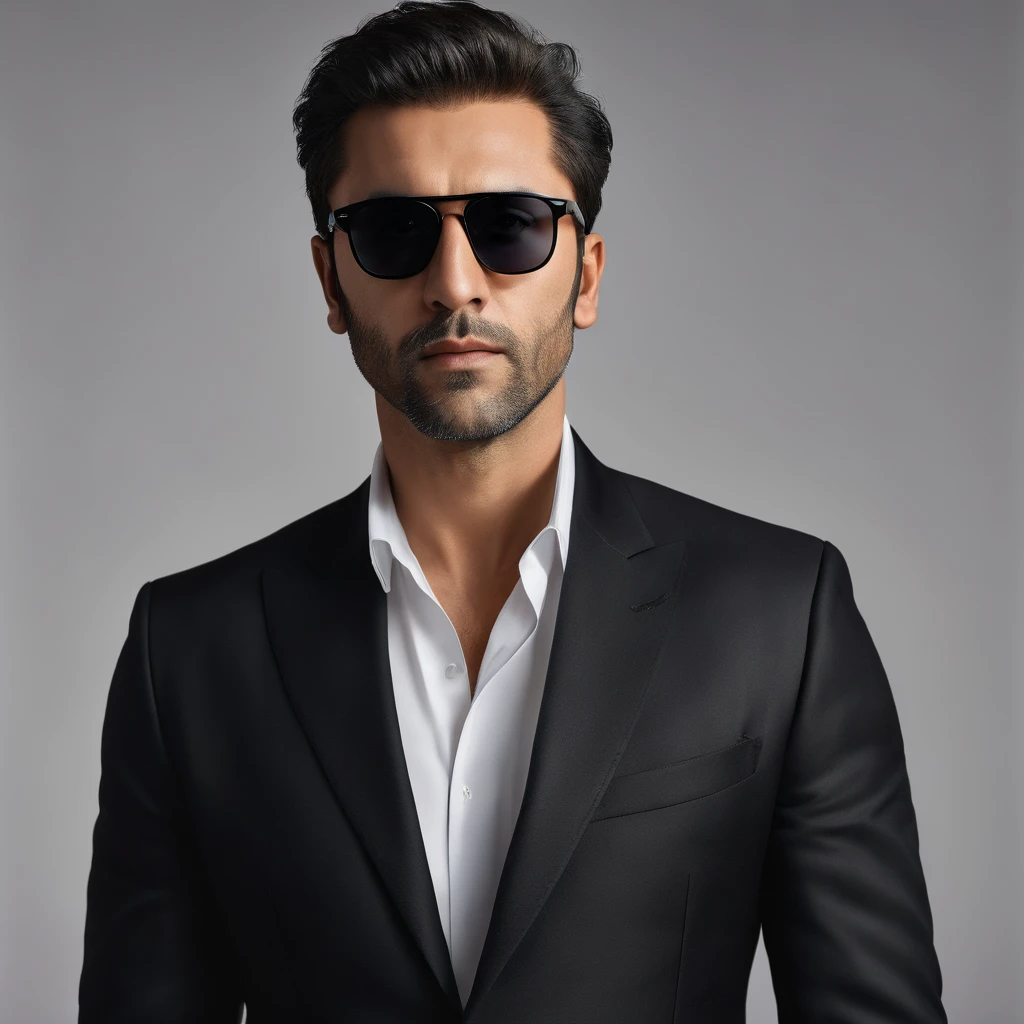 A highly detailed, photorealistic 8K portrait of a man wearing a black suit jacket and sunglasses, with perfect, realistic skin and eyes, posing against a clean background, masterpiece, RAW format