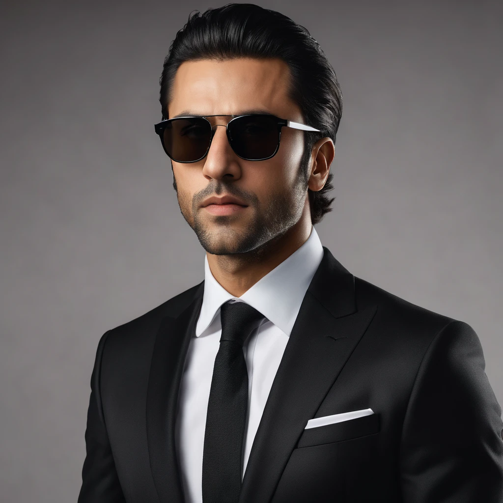 A highly detailed, photorealistic 8K portrait of a man wearing a black suit jacket and sunglasses, with perfect, realistic skin and eyes, posing against a clean background, masterpiece, RAW format