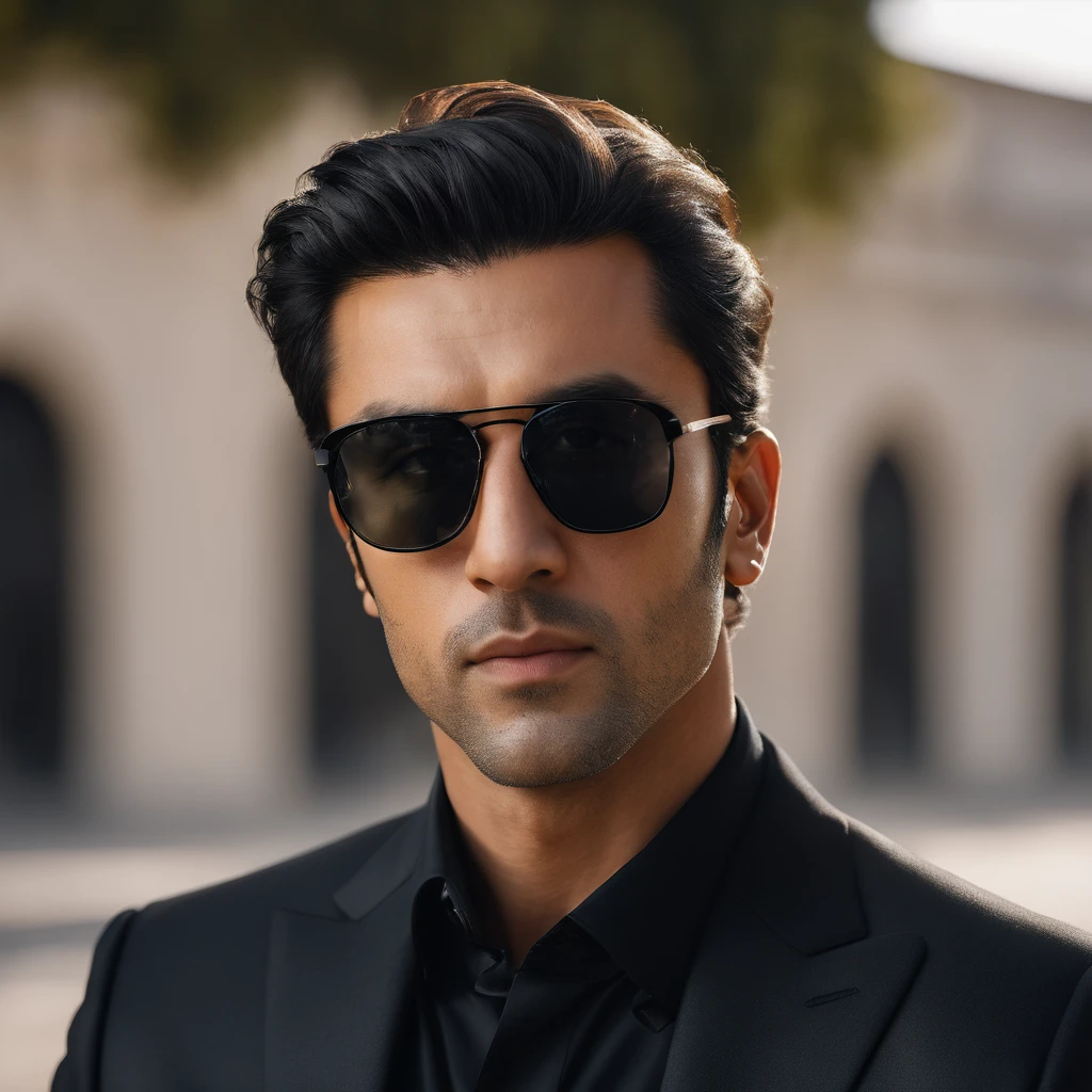 A highly detailed, photorealistic 8K portrait of a man wearing a black suit jacket and sunglasses, with perfect, realistic skin and eyes, posing against a clean background, masterpiece, RAW format