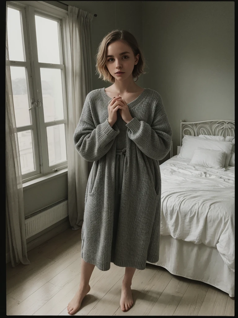 Sophia Lillis,beautiful, elegant, Open your  mouth,, Long braids,full body ,gray sweater,black dress,Relaxed atmos,Old Polaroid Film、beautiful old room,beautiful view,summer,beautiful fern,A rich variety of colors、Color、cute,ukraine,