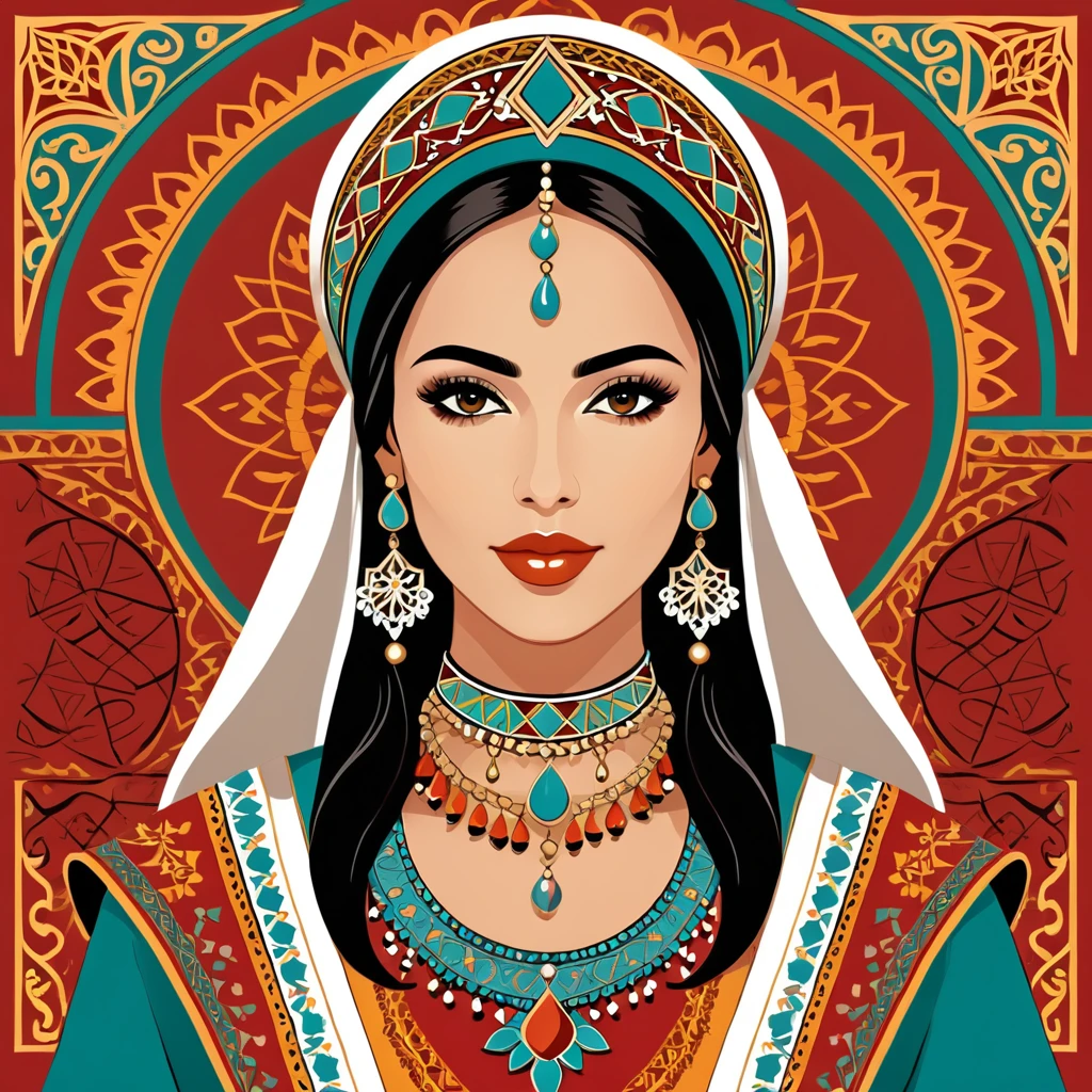 woman in morocco folk outfit, vector graphics, strong contours