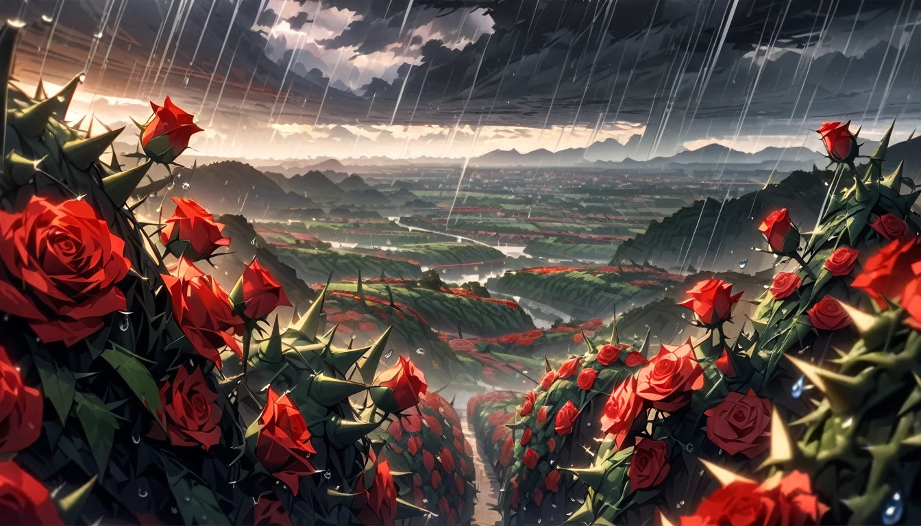 beautiful, (Close up of), (Red and Green), (Roses, focus on flowers, Lots of spikes, Surrounded by thorny vines, 花びらの上のrain滴), morning, (Dark Clouds, rain, raindrops in the air), (valley in the background), Wide Shot, atmospheric perspective, perspective, masterpiece, High resolution, High resolution, 4K, 最high quality, Awards, high quality, Super Detail, Accurate, masterpiece, UHigh resolution