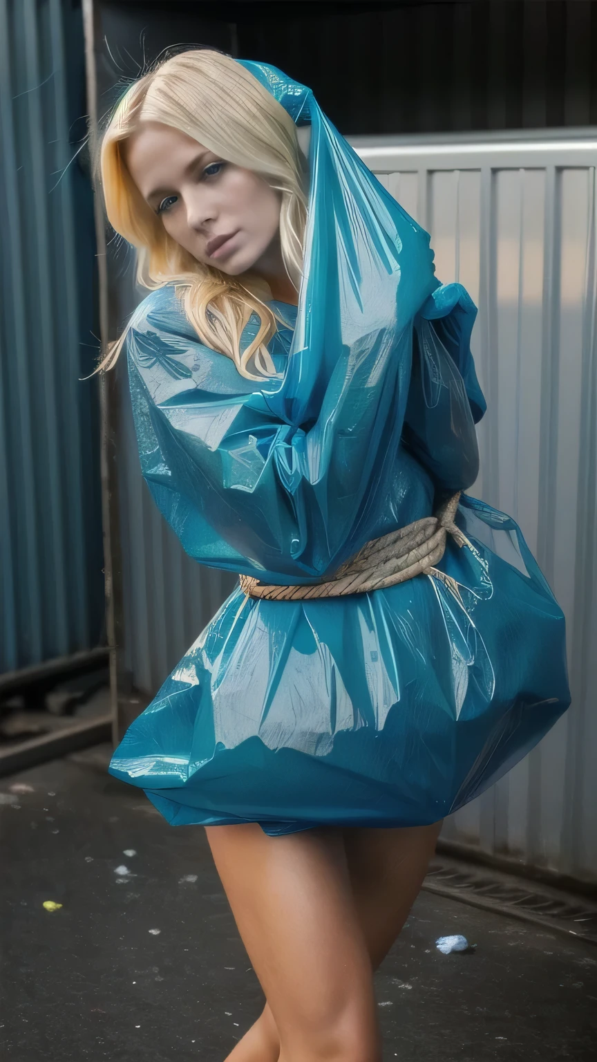 a stunningly beautiful blond woman completely wrapped up from head to toe in blue plastic garbage bags printed with the words "I AM TRASH " is tightly tied up with rope wrapped around her like a helpless human package, she is completely covered with plastic, forced against her will, bright day, extremely photorealistic photo, highly detailed photo, portrait