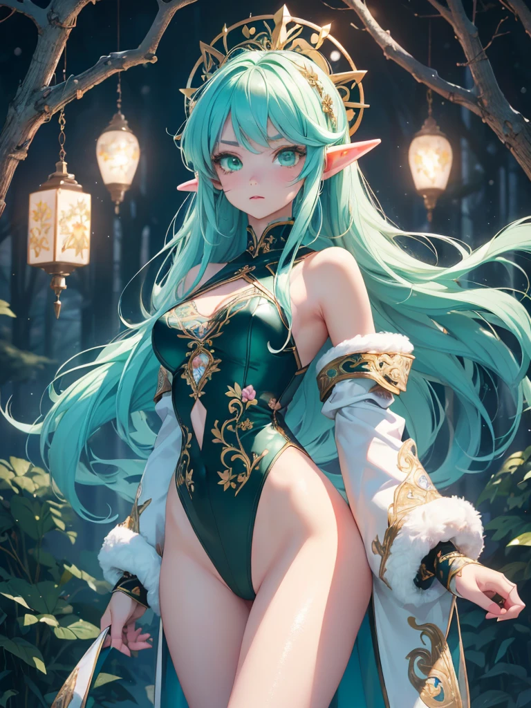 high resolution:1.7, incredibly absurdres, kawaii:1, cute:1.5, hires.fix, anime visual:1, incredibly fine illustration,8k,masterpiece:1.2,best quality, high quality, exquisite, beautiful,insanely detailed,intricate detailed, extremely detailed, Super Definition, ultra high res, Super Resolution, best aesthetic, ultra detailed:1.5, best quality, perfect face, detailed face,stunning art,absurdres,octane render,ultra hires,cute elf,(Idol),18yo,Beautiful,(Cute and lovely),cute girl,((anime elf with extremely cute and beautiful green hair)),long hair,hime_cut,(((green_eyes:1.3))),intricate eyes,beautiful detailed eyes,symmetrical eyes,big eyes:1.5,enchanting bright eyes studded with gold and silver dust,(((pinky and glowing_skin,shiny body,plastic glitter skin,exaggerated shiny skin,illuminated skin))),upward breasts,waist slender,(detailed body,(detailed face)),daring,zettai ryouiki,best relationship with four fingers and one thumb,Very Fine Face and Eyes,Very Fine Hair,(Perfect Anatomy),Garter Belt,Bare shoulders,Check out our thru-rack chokers and midi rings with chains,Plain appearance,(((aqua fur coat,wearing a ice leotard))), ((ice leotard,elegant ice leotard)),(white gloves,white clothes,(((intricate outfit,intricate clothes,embroidered outfit,ornate outfit,embroidered clothes,ornate clothes))),(dynamic pose:1.0),embarrassed,(centered,scale to fit dimensions,Rule of thirds),((snowy pine forest)),winter,scenery:1.25,((intricate scenery)),((snow forest background)),(Glossy winter ornaments),highres,sharp focus,(ultra detailed,extremely detailed),(photorealistic artwork:1.37),(extremely detailed CG unity 8k wallpaper),(((vibrant colors,vibrant theme))),(intricate),full body,(perfect body),standing,
