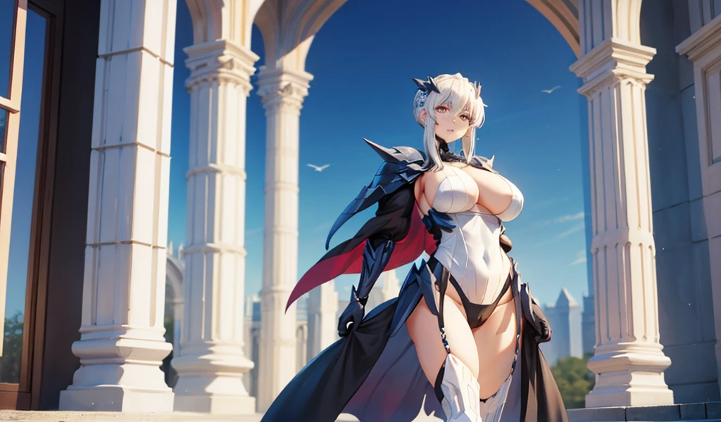 Adult female with white hair，slim figure，Queen，black knight armor，Black swimsuit，thigh，Standing，palace，castle