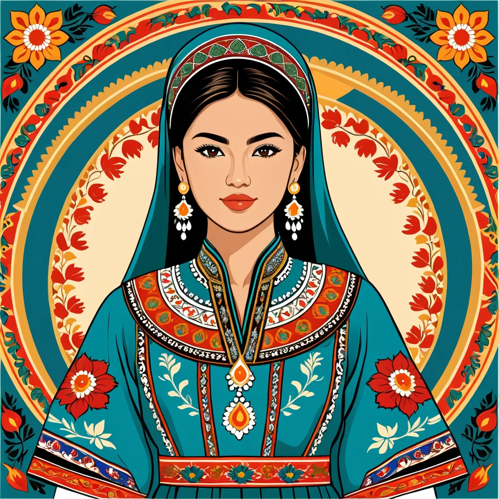 woman in uzbekistan folk outfit, vector graphics, strong contours