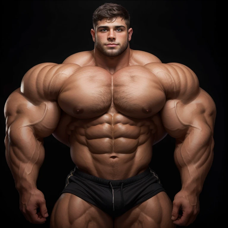 a young man, big eyes, short hair, shirtless, massively muscular, with massively large muscles, with massively large biceps, with massively large arms, with massively muscular and defined body, massively large chest, on a black background