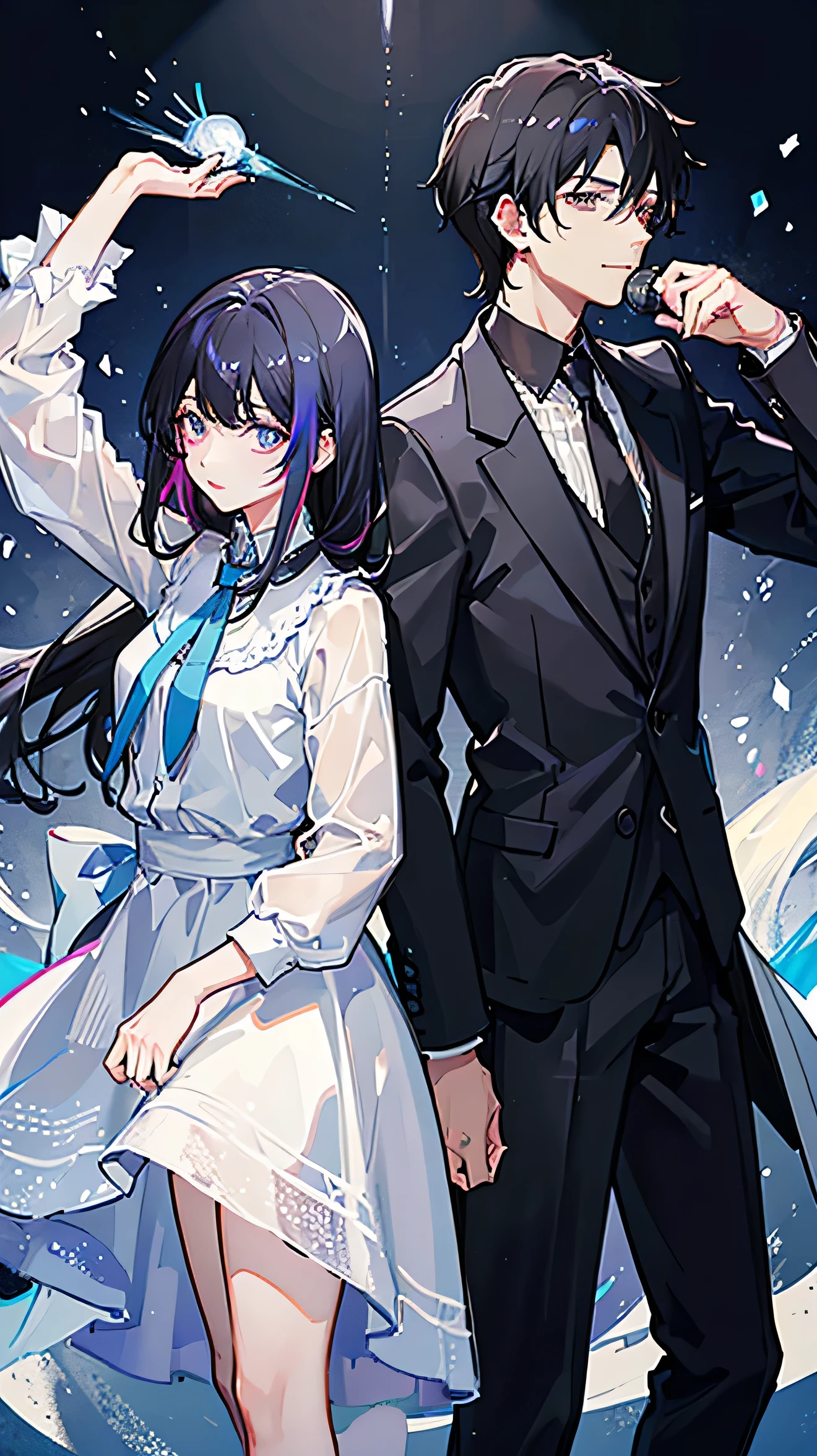 A man and a woman around 35 years old are standing back to back、Her waist-length black hair is tied back、Wearing a black suit、Eye color is calm blue、The background is the live stage、Multicolored lighting、singing