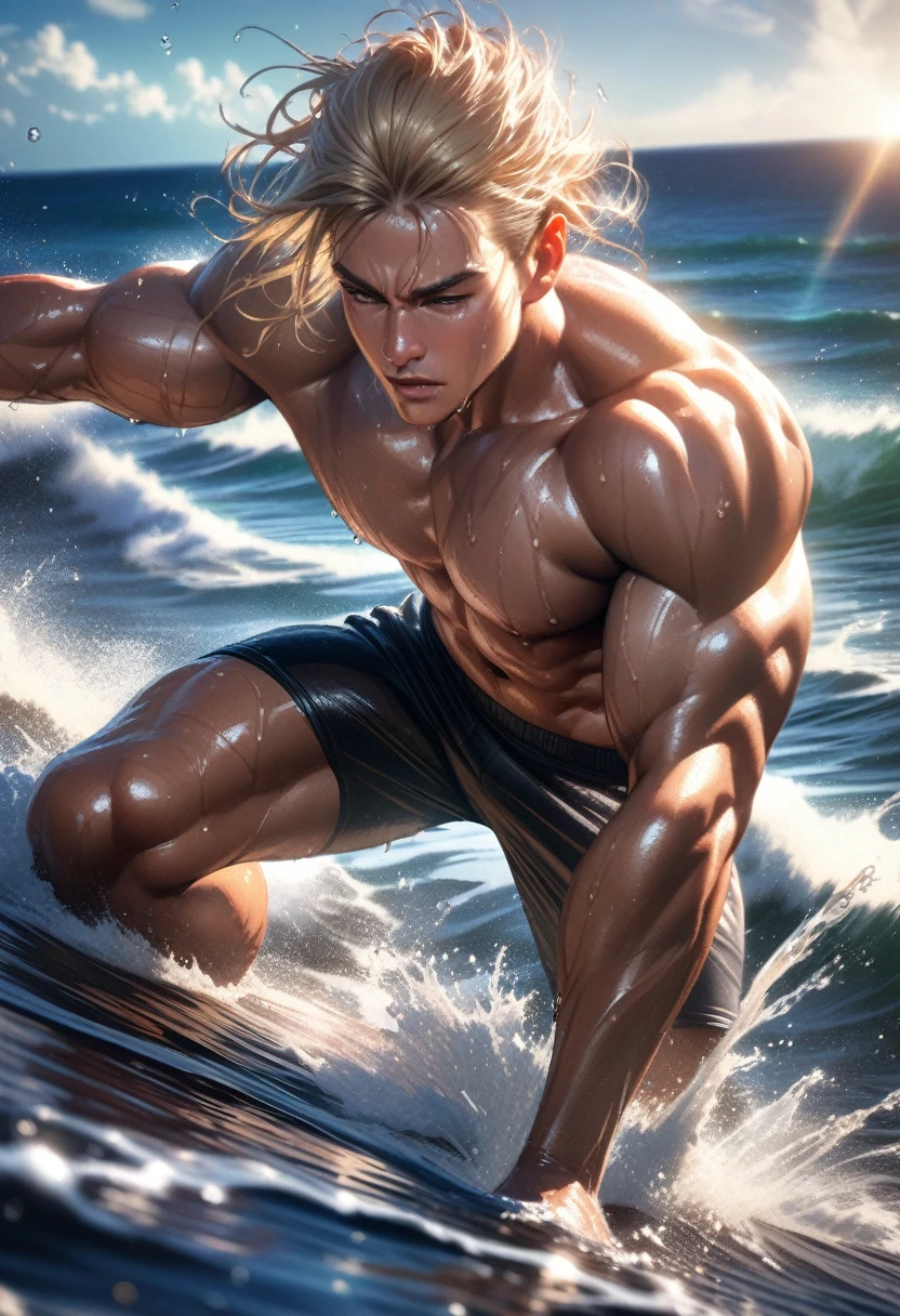 Masterpiece, Best Quality, Super Detailed, High Definition, HDR, Realistic, Depth, Fine Texture, Super Fine, Complete concentration, (very athletic man), beautiful man, muscular build, (tanned skin, wet hair),, dynamic pose, big waves, splashing water, ocean background, bright sunlight, vibrant colors, detailed water reflections, energetic atmosphere, tropical setting, lens flare, cinematic light, volumetric lighting, detailed textures, ocean spray, movement and motion blur, blonde white hair
