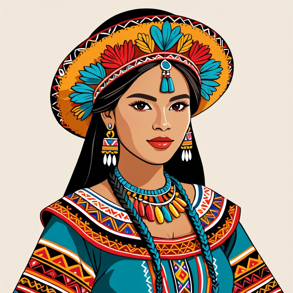 woman in peru folk outfit, vector graphics, strong contours