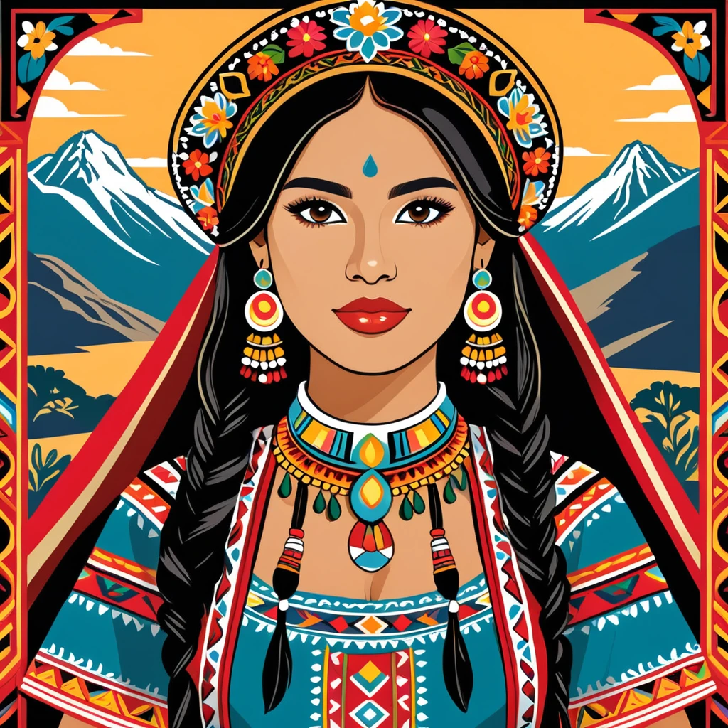 woman in peru folk outfit, vector graphics, strong contours