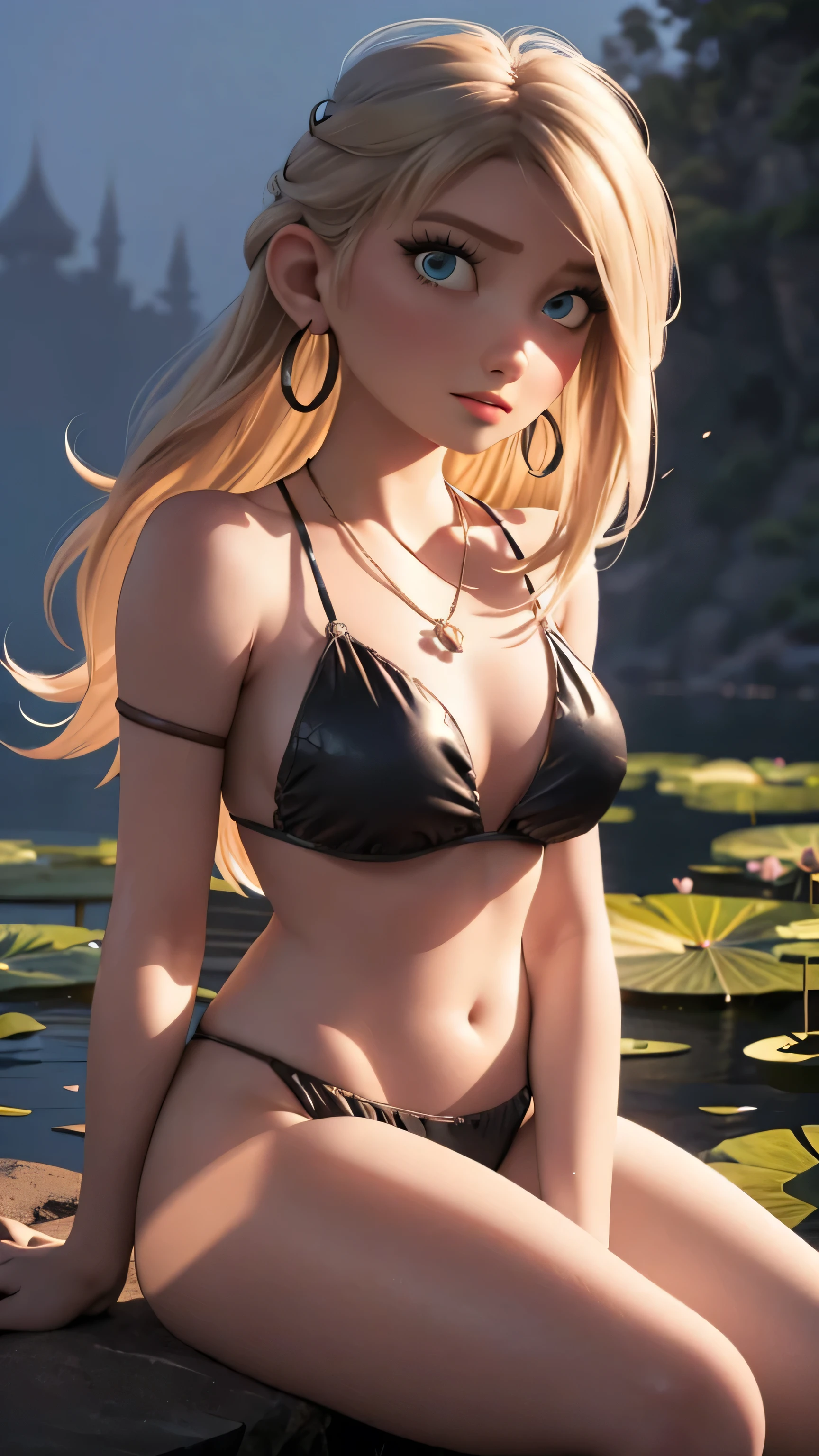 (ultra realistic,32k, masterpiece:1.2),(high detailed skin:1.1),( high quality:1.1), 
Astrid, very long wavy hair, blond hair, long bangs, elegant fringe, realistic big eyes, slim face, egirl makeup, long eyelashes, plump botox lips,  sexy closed lips, Orgasm face, sex joy, white rose in hair, sexy supermodel body, Looking into camera, tall girl, slim fit figure, astral diamond necklace, transparent white bikini, top with black details, white bikini, no strings, bare shoulders, black details on bikini, thigh transparent highs, hoop earrings, Romantic photo, sitting on black rock, white lotus flower field, heven, fog, flying anime particles, realistic maledives' water, small waves, outside, floating pink flowers, night, warm lights, perfect realistic shading, intensive chromatic effect, rays of the sun, detailed background,,(looking at viewer, sitting, from bellow:1.1),, (hard exposed breast,round breast,:0.9),(volumetric lighting:1.1),