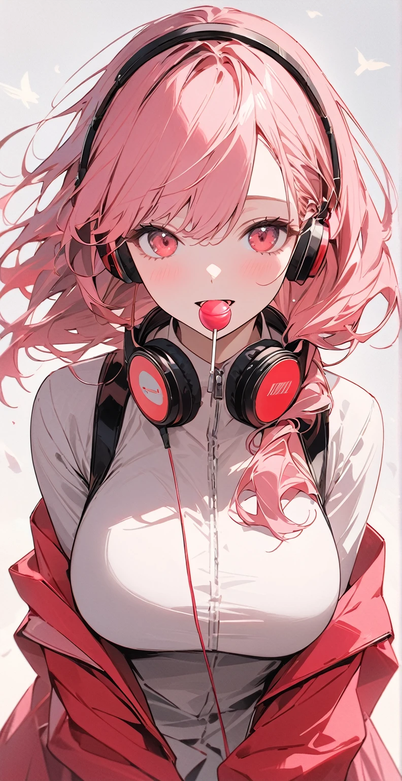 anime、Digital Art、Flat Design、Big Breasts、Sexy clothes、whole body、uhd, (masterpiece:1.2), best quality, highres, award winning, high details、Listening to music with headphones and looking here computer、licking a lollipop、Her hair is color pink&red bowing in the wind and she has a calm expression.