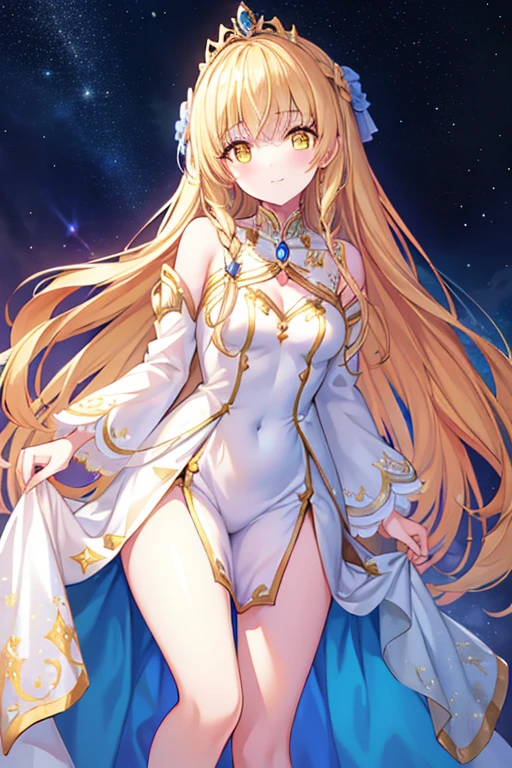 Mahiru shiina, , blonde, (Yellow Eyes:1.3)、Braided long hair,,blush,smile,Beautiful views, Attractive thighs、Beautiful bare legs, //Character
1girl,
BREAK
//Fashions
Celestial Goddess,
Inspired by the beauty and majesty of the cosmos, this costume exudes ethereal elegance and celestial charm, The ensemble features a flowing gown in shimmering shades of midnight blue, purple, or silver, reminiscent of the starry night sky, The gown is adorned with glittering sequins, beads, and celestial motifs, evoking the splendor of distant galaxies and constellations,
BREAK
Pair the gown with delicate celestial accessories such as a sparkling tiara or a crescent moon necklace, adding a touch of celestial magic to the ensemble, Complete the look with flowing hair styled in loose waves or intricate braids, reminiscent of a celestial goddess descending from the heavens, This costume is perfect for fantasy-themed events, cosmic masquerades, or anyone who wants to shine like a star,
BREAK、I can see your Pantastar piece.:1.2), highest quality, High resolution, unity 8k wallpaper, (shape:0.8), (Beautiful and beautiful eyes:1.6), Highly detailed face, Perfect lighting, Highly detailed CG, (Perfect hands, Perfect Anatomy),